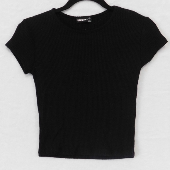 Popular‎ 21 Ribbed Crop Top Basic Short Sleeve Tee Black T-Shirt Size L - Picture 1 of 1